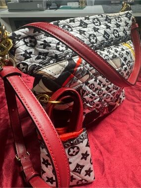 Red White & Black Quilted Shoulder Bag with Patterned Print, High-End Styling